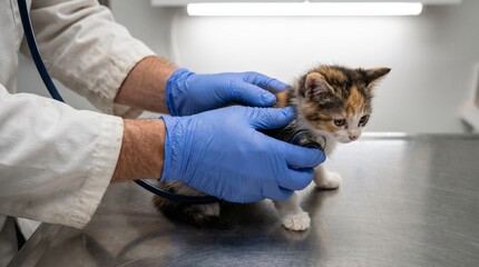 Veterinarian examining kitten on examination table in clinic
