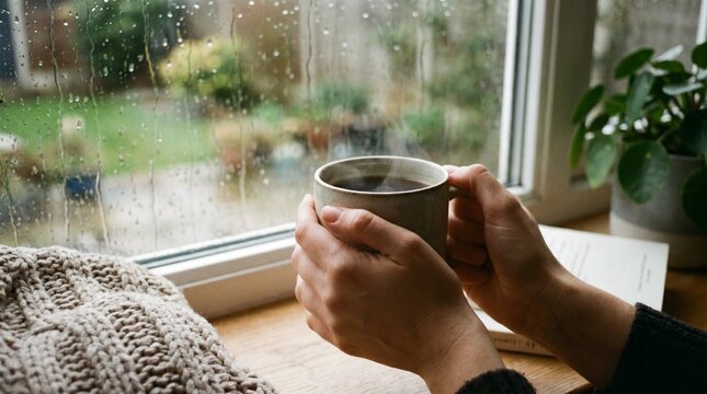 Person holding ceramic mug by rain-streaked window