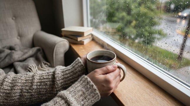 Person holding coffee cup by rainy window with books on sill