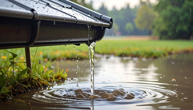 Water dripping from a roof into a puddle
