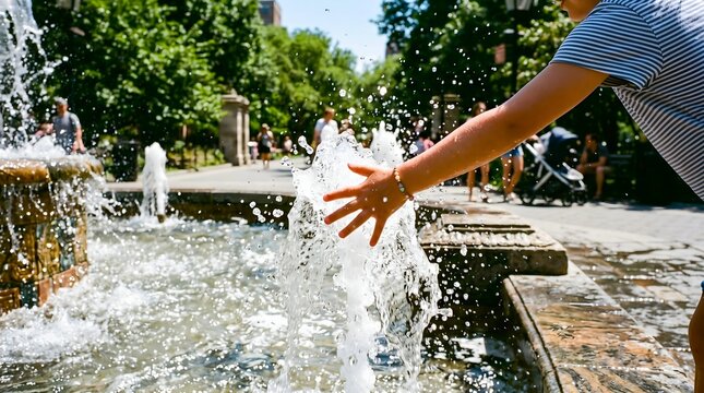 Child reaching hand into water fountain spray in a public park