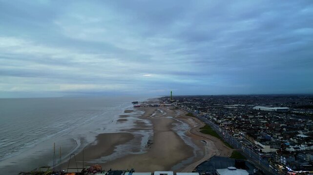 4K Aerial video flying toward central pier at Blackpool town - Part 2
