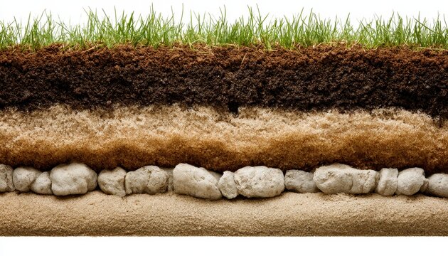 Soil cross section showing layered earth stratification with green grass in a studio macro shot for landscaping and agricultural science marketing