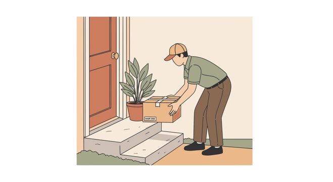 Delivery person placing package on doorstep, home delivery, e-commerce service concept