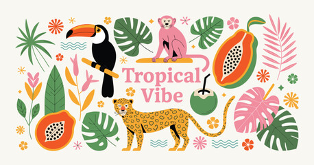 Tropical Jungle Sticker Vector Set with Exotic Leaves, Tigers, Leopards, Birds and Palm Plants in Cartoon Retro Style Illustration © RTICAA VEO