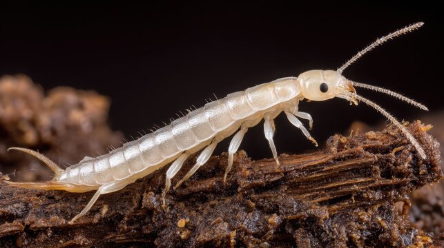 A pale earwig with prominent pincers navigates a textured wooden surface in a dark, earthy environment