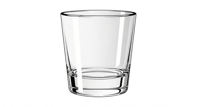 A clear, empty glass tumbler with a thick base, rendered as a with white highlights against a solid black background