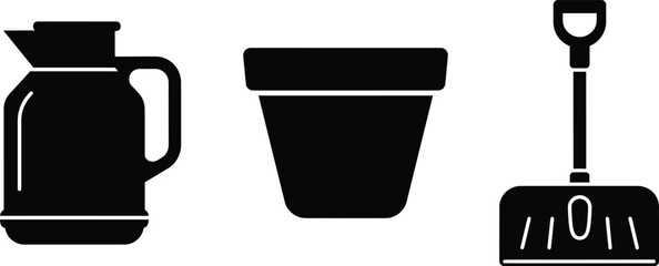 Black icons of coffee pot, flower pot and shovel © SAMIRAAKTHER