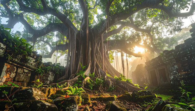 Strangler fig tree roots wrapping around stone ruins like giant tentacles with orchids and morning mist in a majestic jungle setting generative AI