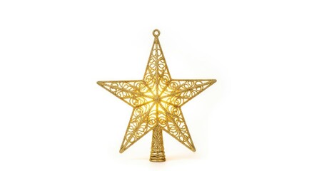 Fototapeta premium A shimmering golden star tree topper sits elegantly against a pure white background, showcasing its intricate glittery texture and glow, elegant, metallic, symbol
