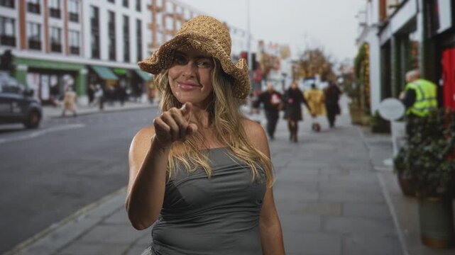 Woman pointing finger to camera on a city street, smiling, wearing a straw sunhat and strapless top, walking past shops and cars; confidence invitation.