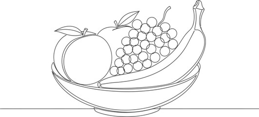 Continuous line drawing of fruit bowl with banana grapes and apple © SAMIRAAKTHER