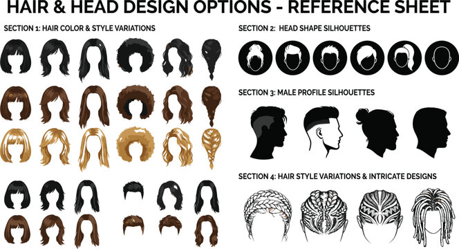 Comprehensive vector reference sheet of diverse hair and head design options with silhouettes, profiles, and intricate hairstyle variations