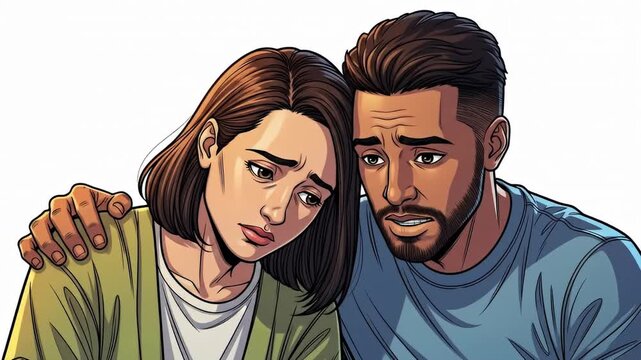 Animated art depicts a man comforting a sad woman, hand on her shoulder