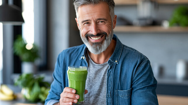 Smiling man holding a green smoothie with fresh spinach and bananas in a modern kitchen, health and wellness lifestyle concept, with copy space