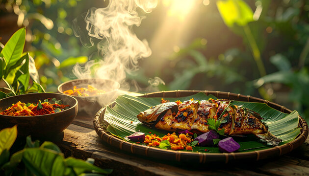 Meal served on banana leaves with grilled fish exotic spices purple yams and jungle herbs while hot steam is rising generative AI