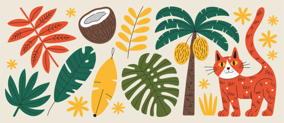 Tropical Jungle Sticker Vector Collection with Exotic Leaves, Tigers, Leopards, Birds and Palm Trees in Cartoon Retro Style Design © RTICAA VEO