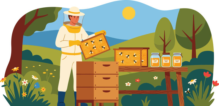 Beekeeper in protective suit carefully holding honeycomb frame with bees surrounded by apiary equipment jars of honey and lush green summer landscape with rolling hills trees and bright sun