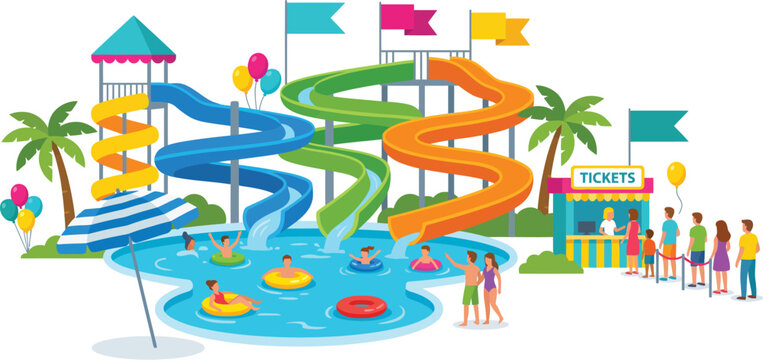 Vibrant water park scene with colorful slides swimming pool happy people enjoying summer vacation and ticket booth under bright sunny sky conveying fun and recreation