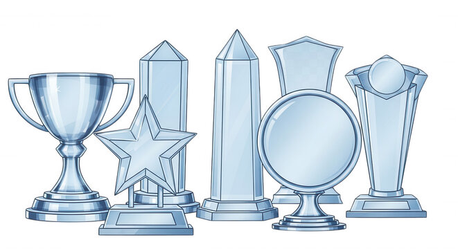 A collection of various silver trophy awards including a cup, star, obelisk, and circular plaque isolated on a black background