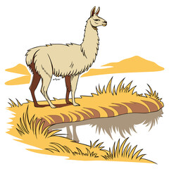 Llama standing by water reflection in a desert savanna landscape illustration © moriom  