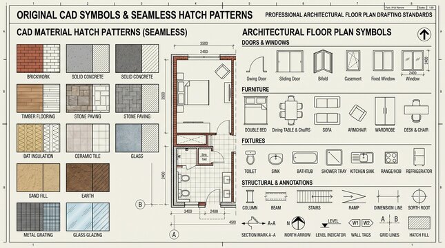 Comprehensive collection of professional architectural cad symbols and seamless material hatch patterns for interior floor plan drafting projects designed to assist architects and engineers in creatin