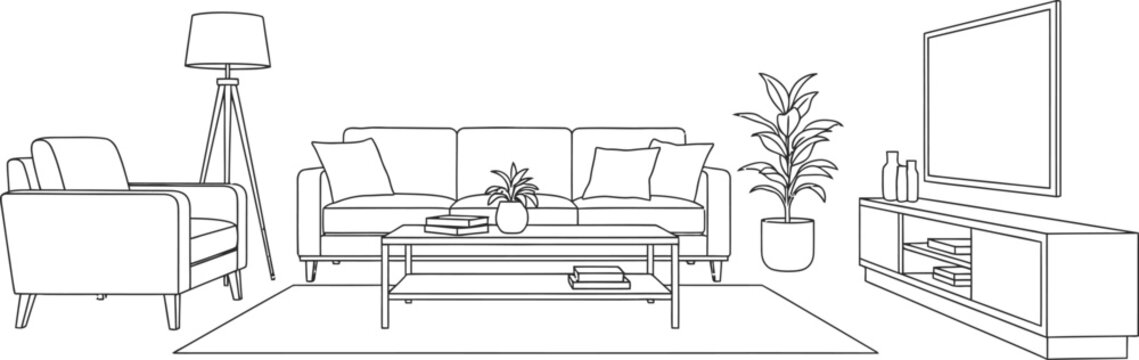 Line drawing of a modern living room with sofa, chair, coffee table, tv, and plants