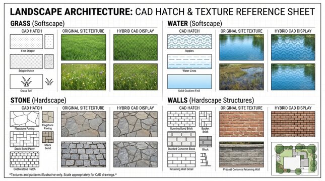 Landscape architecture reference sheet displays various cad hatch patterns and corresponding site textures for grass water stone and brick wall materials used in professional site planning and technic