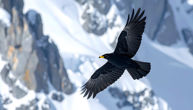 Alpine chough soaring with a bright yellow beak against jagged grey rock faces and white snow couloirs showing dramatic mountain scale generative AI