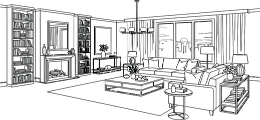 Modern living room interior with sofa, coffee table and bookshelves © SAMIRAAKTHER