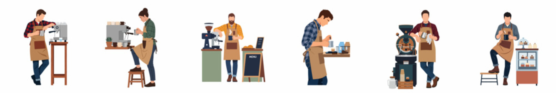 Set of professional baristas in aprons working with coffee machines, grinders, and roasters in a cafe environment, flat vector illustration.