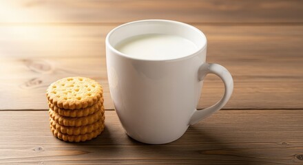 A white ceramic mug filled with fresh cold milk sits on a rustic wooden table next to a small stack of golden baked biscuits in soft light, ceramic, morning light, delicious