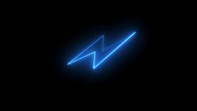 Neon charging lightning bolt, glowing sign. Charge flash blue icon. Lighting strike, lightning bolt sign black background 4k animation