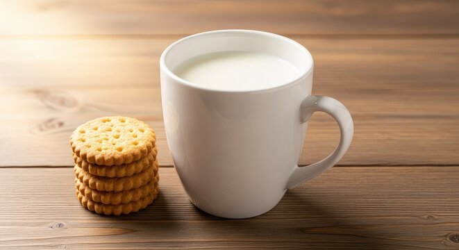 A white ceramic mug filled with fresh cold milk sits on a rustic wooden table next to a small stack of golden baked biscuits in soft light, ceramic, morning light, delicious