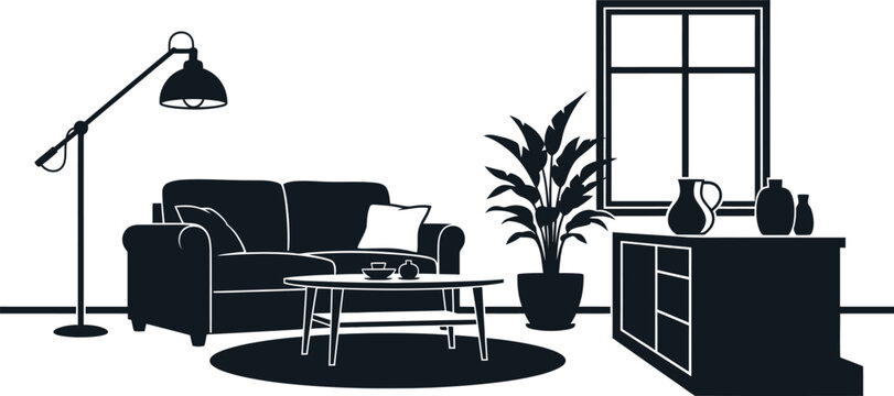 Black and white living room interior with furniture