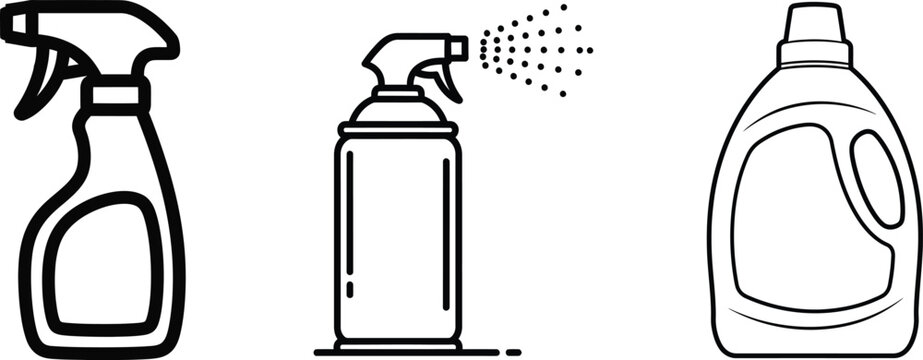 Black and white line art of cleaning spray bottles