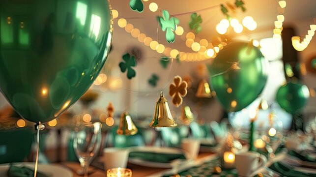 Saint Patrick themed indoor party venue decorated with glossy dark green balloons, multi-shaded green clover shamrock ornaments, golden bells, warm string lights, set with tableware and lit candles