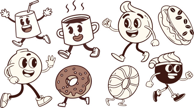 Cartoon characters of coffee and pastry items smiling and running around happily together