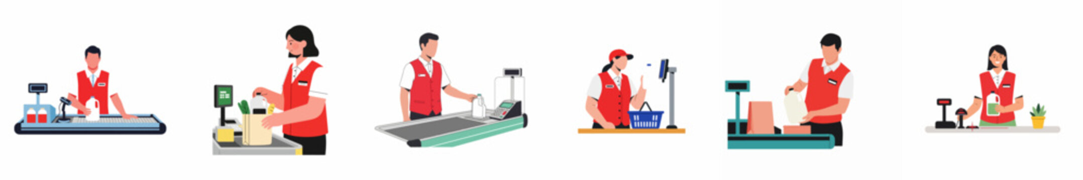 Flat illustration set of supermarket cashiers in red vests working at checkout counters, scanning groceries and bagging items on a white background.