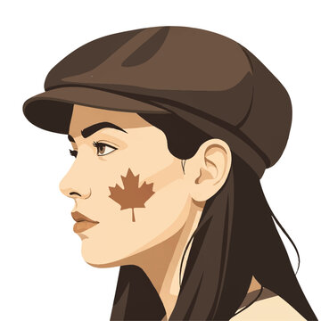 A close-up profile of a passionate female soccer fan with a stylized maple leaf painted on her cheek, wearing a classic newsboy cap. Soft nostalgic lighting, sepia-toned color palette using only