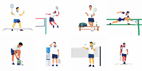 Fototapeta premium Collection of male badminton player illustrations in various poses including serving, smashing, lunging, and resting, set against a clean white background.