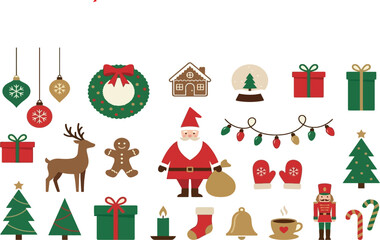 Fototapeta premium Christmas holiday decoration vector set featuring Santa Claus gifts wreath ornaments reindeer gingerbread and festive winter celebration elements