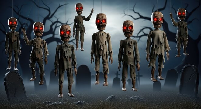 Creepy undead wooden puppets with torn fabric and glowing eyes hang from fraying strings in a dark, atmospheric Halloween graveyard setting, nightmare, monster, old