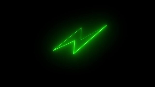 Neon charging lightning bolt, glowing sign. Charge flash green icon. Lighting strike, lightning bolt sign black background 4k animation