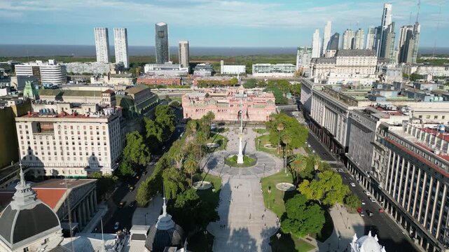 Aerial view of Casa Rosada and Puerto Madero skyline in Buenos Aires, Argentina