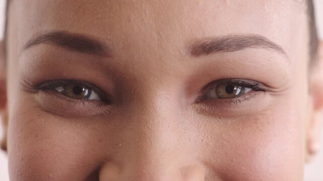 Face, thinking and eye care with woman, vision and glaucoma assessment for eyesight health. Portrait, person and optometry test with closeup, reflection and contact lenses for optical wellness
