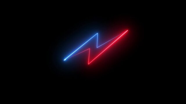 Neon charging lightning bolt, glowing sign. Charge flash red and blue icon. Lighting strike, lightning bolt sign black background 4k animation