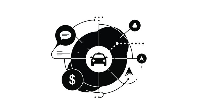 Taxi service icon centered within a complex infographic diagram showing financial symbols, location markers, and chat bubbles to explain modern ride sharing business models and logistics.