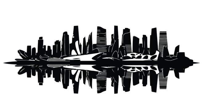 Cityscape silhouette showcasing a modern urban skyline with detailed architectural reflections cast upon a horizontal axis to represent growth, infrastructure, and metropolitan development themes.