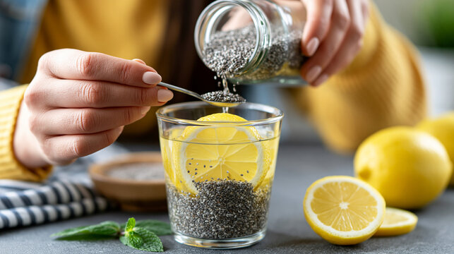 Woman adding chia seeds to a glass of lemon detox water, healthy morning ritual concept, with copy space